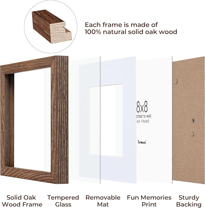 Rustic Wood 8x8 Picture Frame, Solid Oak Wood Frame 8 by 8, 8 x 8 Square Photo Frame with Tempered Real Glass, 8"x8" Picture Frame Matted to 4"x4", Squre Wood Picture Frames, Walnut Color, Set of 2
