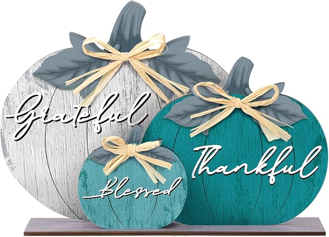 Soaoo Fall Pumpkin Table Decorations Wooden Thankful Blessed Centerpiece Autumn Grateful Tabletop Decor Farmhouse Harvest Pumpkin Block Signs for Party Rustic Table Shelf Decor Home(Novel)
