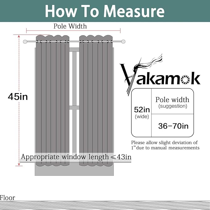 Yakamok Gray 100% Blackout Curtains 45 Inches Long, Full Light Blocking Thermal Insulated Blackout Drapes with Black Liners for Bedroom(Grey, 2 Panels, 52W x 45L)