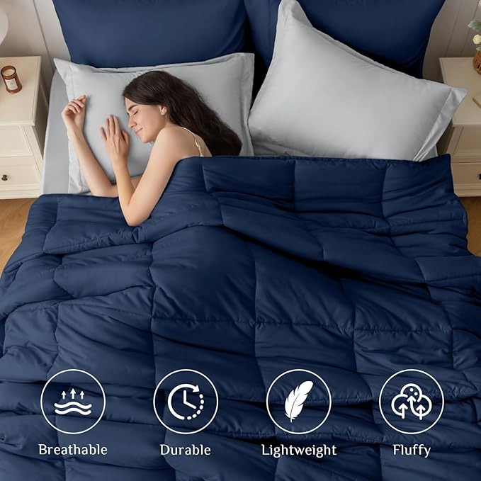 JOLLYVOGUE California King Comforter Set, Ultra-Soft Cal King Size Comforter Sets, 7-Piece Bed in a Bag, Goose Down Alternative, Oeko-TEX Certified, Sheets & Pillowcases, Navy Blue & Light Grey