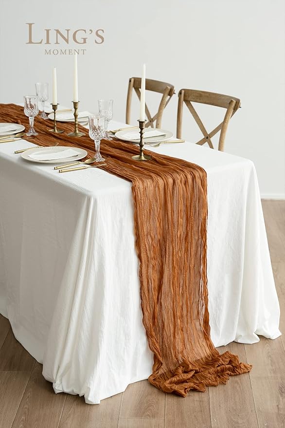 Ling's Moment 14Ft Brown Terracotta Table Runner Cheesecloth Gauze Semi-Sheer Burnt Orange Tablecloth for Wedding Party Bridal Shower Boho Table Decor