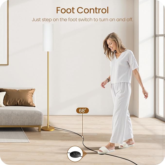 Dimmable Floor Lamp for Living Room with Remote and Foot Switch, Corner Floor Lamp, 64.4'' Standing Tall Lamp, 10W 900LM LED Bulb Included, 3000K-6500K, Linen Shade, Gold White, FCC Listed DCW06LD05W1