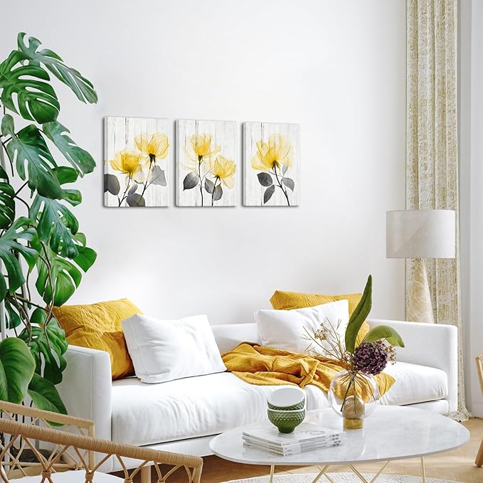 Saypeacher Yellow Flower Canvas Wall Art Yellow and Grey Bathroom Pictures Prints Yellow White Floral Painting