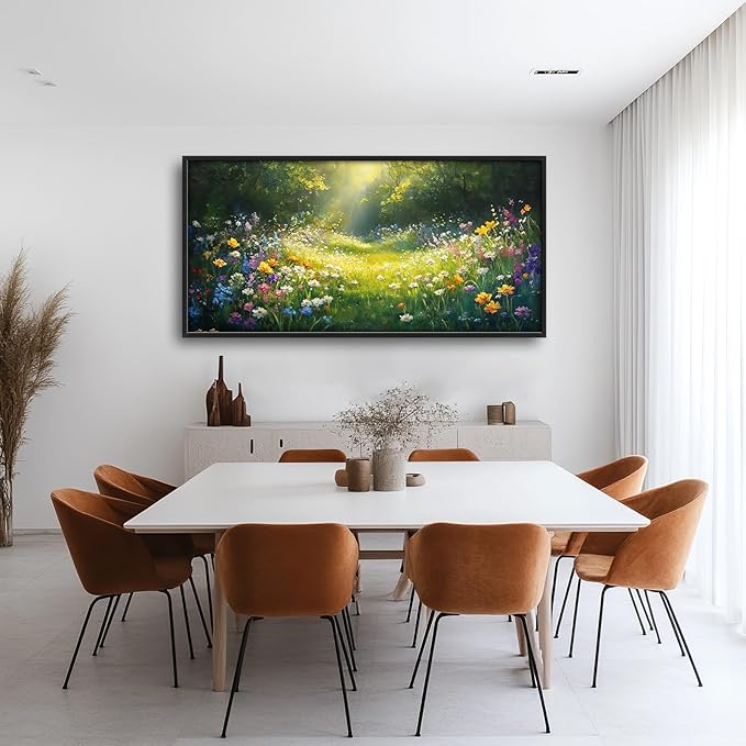 Green Forest Wall Art for Living Room, Large Green Canvas Wall Decor, Wildflowers Flowers Pictures Framed Painting, Landscape Artwork for Bedroom Office Home Decor 60L'' × 30W''