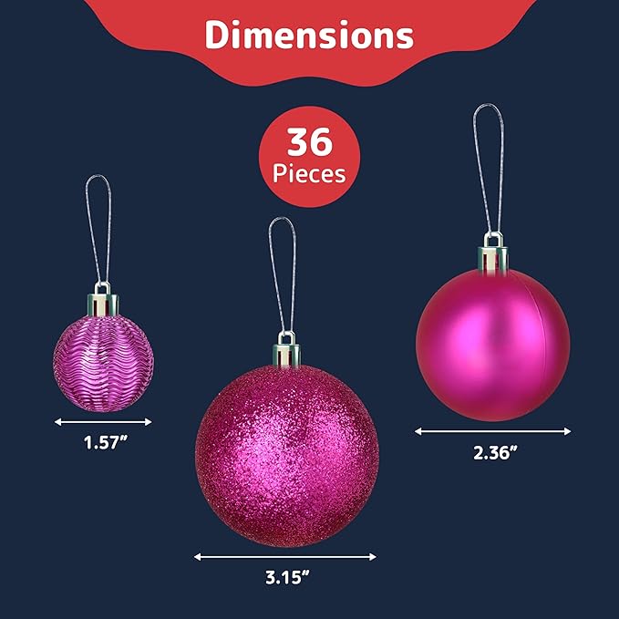 PREXTEX Pink Christmas Ornaments - 36-Piece Shatterproof Pink Christmas Tree Balls Set with Hanging Loops for Xmas Decorations - Durable Fuschia Holiday Balls in Matte, Shiny, Glitter and Disco