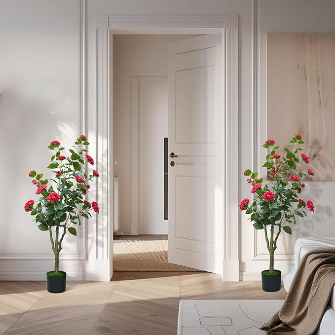 4ft Artificial Camellia Tree with White Silk Flowers - Realistic Faux Flowering Plant for Indoor/Outdoor Decor, Home Staging & Wedding Centerpieces, Set of 2-Red