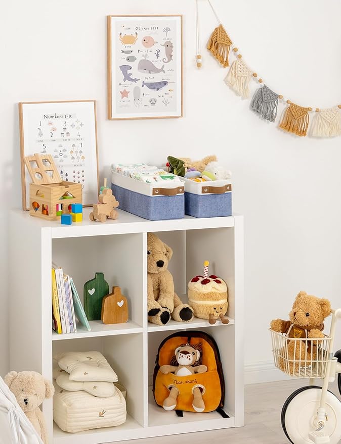 StorageWorks Narrow Storage Bins, Small Basket for Closet and Shelves, Fabric Organizer with Handles, Toilet Paper Storage, Blue and White, 2-Pack