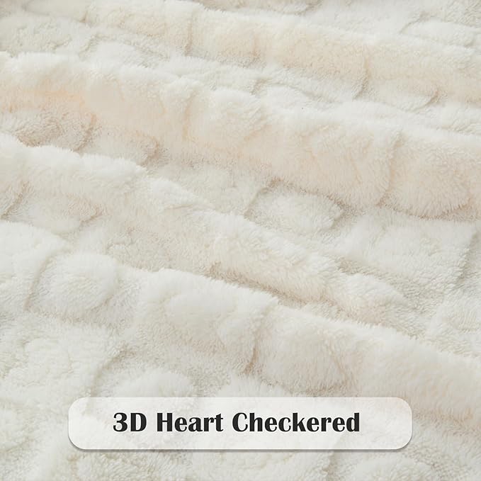 NEWCOSPLAY Super Soft Twin Blanket Ivory Premium Silky Flannel Fleece 3D Heart Checkered Lightweight Bed Blanket All Season Use (Ivory Heart, Twin(60"x80"))