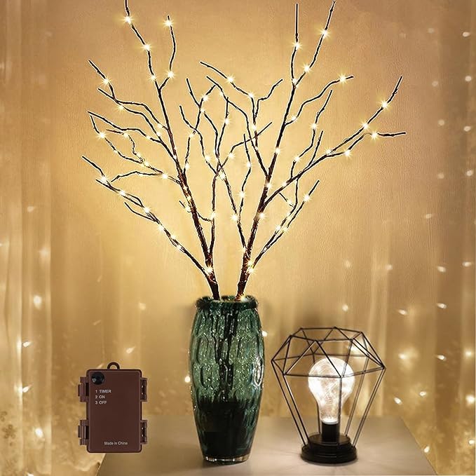 Lighted Christmas Tree Branches, 30IN 100LED Artificial Brown Twig Branch with Warm White Lights, Timer & Battery Operated, Waterproof for Indoor Outdoor Holiday Xmas Office Bedroom Party Decorations