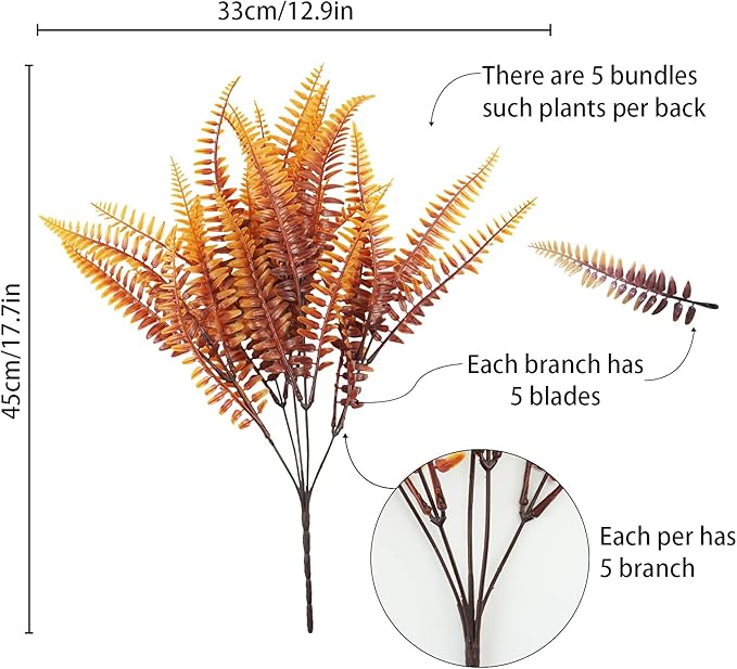 Uieke 12PCS Artificial Ferns for Outdoors, Fake Fall Boston Fern Plants UV Resistant No Fade Faux Plastic Greenery Bushes for Indoor Outside Window Box Fall Décor Autumn Orange