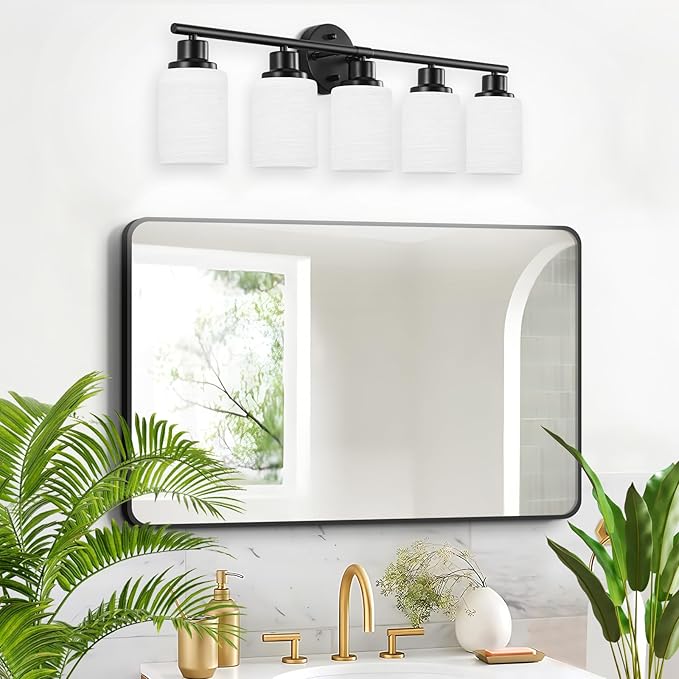 5-Light Matte Black Vanity Lights, Bathroom Light Fixtures with Milky White Frosted Striped Glass Shade, Modern Bathroom Lighting Fixtures Over Mirror Wall Sconce Light - E26 Base