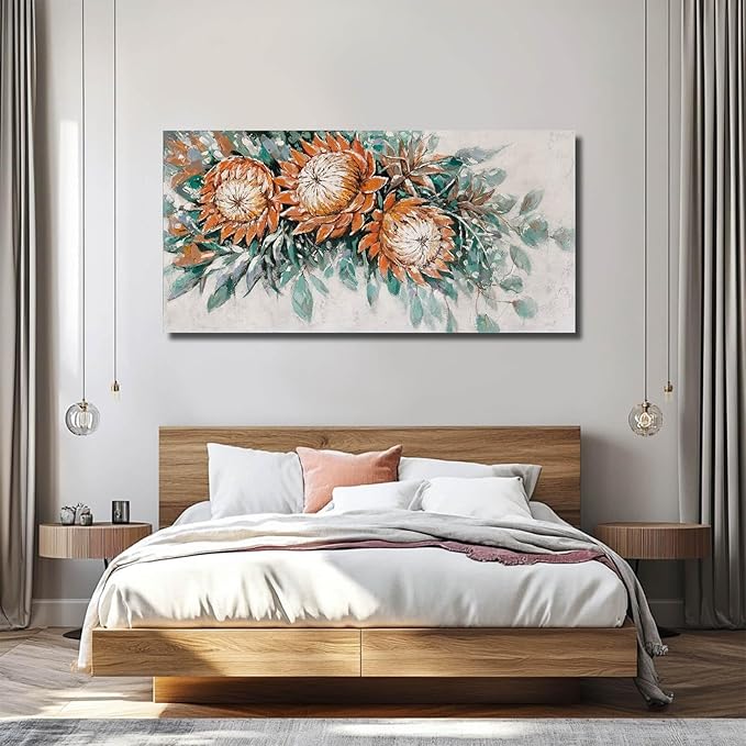 GAIDUOMAI Red Flowers Wall Art Green Leaves Painting Plants Wall Decorations for Living Room Contemporary Artwork for Home Haning Decor 24x48 Inch