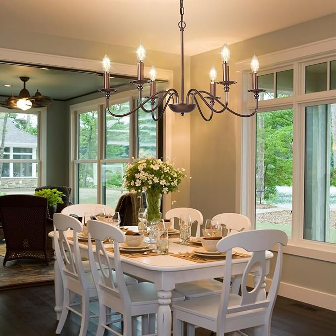 Depuley Farmhouse Chandelier for Dining Room: 6-Light Antique Industrial Hanging Ceiling Pendant Light Fixture for Kitchen - Oil-Rubbed Bronze Rustic Vintage Iron Candle Chandeliers for Entryway
