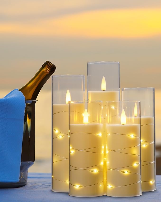 Da by Flickering Flameless Candle with Embedded Star String ，Acrylic LED Pillar Candles with 11-Key Remote Control and Timer，Battery Operated Candles, Ivory, Set of 5(D2.3×H5“/5“/ 6”/7“/8”)