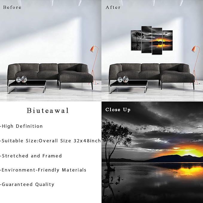 Biuteawal 4 Piece Black and White Wall Art Golden Sunset on Lake Picture Painting Lonely Tree Photo Print on Canvas Nature Landscape Poster Living Room Bedroom Decor Framed Ready to Hang