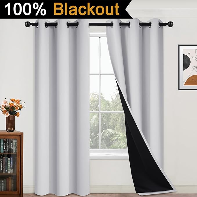 Yakamok 100% Blackout Curtains 84 Inches Long, 2 Thick Layers Heat and Full Light Blocking Soft Thermal Insulated Drapes for Bedroom(42" Wide Each Panel, Greyish White, 2 Panels)