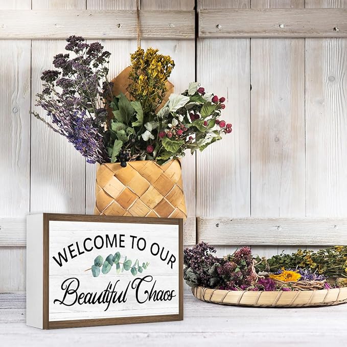 Welcome to Our Beautiful Chaos Wooden Box Sign Desk Decor,Rustic Family Saying Wood Block Sign for Home Farmhouse Bedroom Shelf Tabletop Wall Decor