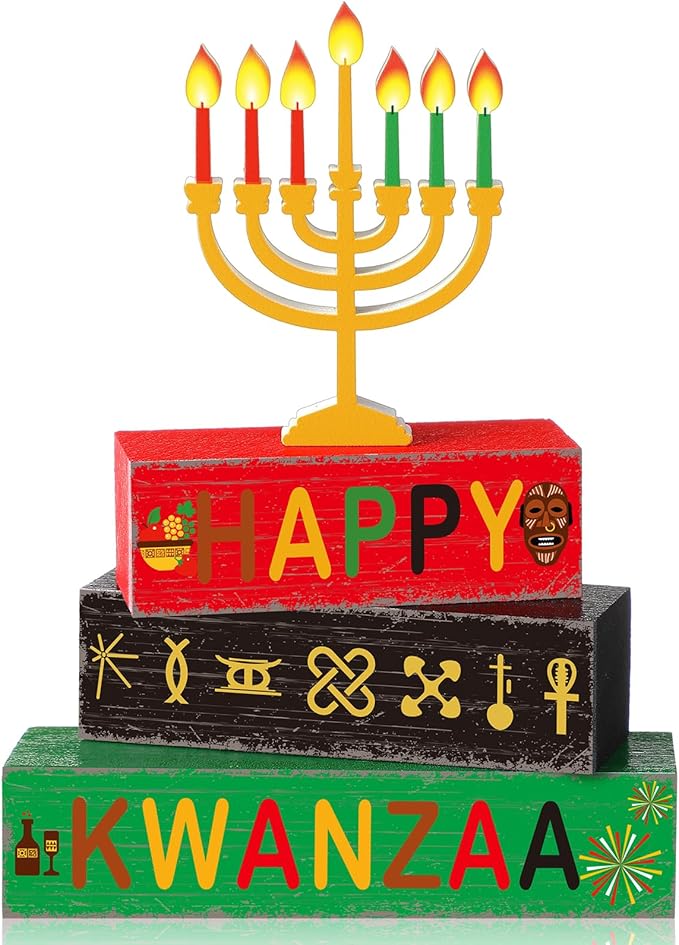 Geelin 4 Pcs Kwanzaa Wooden Table Centerpiece Set Wooden African Heritage Tiered Tray Decor Happy Kwanzaa Home Decor for Holiday Party Supplies