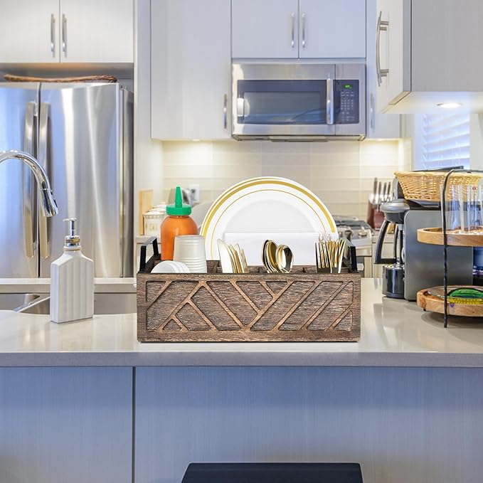 Flatware Organizers Paper Plate Dispenser with Handles, Paper Plate Holder for Kitchen Counter, Wood Rustic Silverware Utensil Caddy, Brown