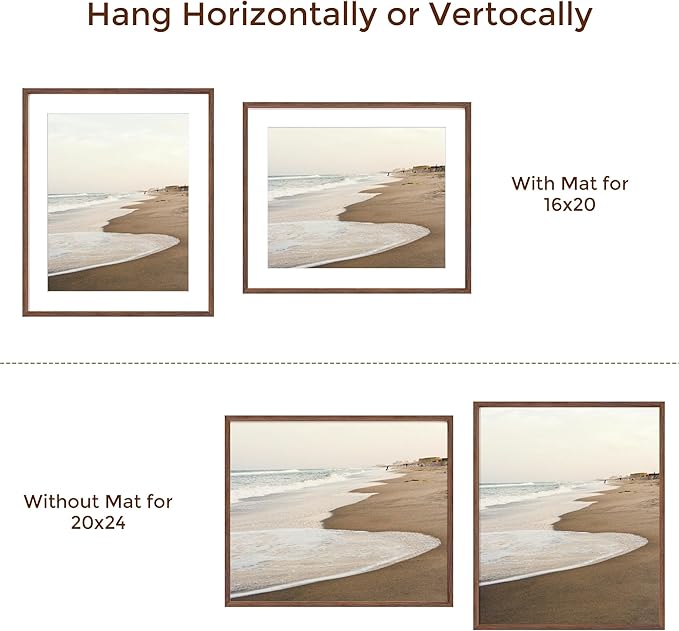 20x24 Picture Frames, Rustic Solid Oak Wood Frame 20 x 24 for Wall, Wooden 20 by 24 Photo Frames with Tempered Real Glass, 20x24 Poster Frame Matted to 16x20 (Walnut Color, 1 Pack)