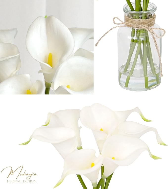 Artificial Flowers Calla Lily in Glass Vase with Faux Water,7Pcs Artificial Flower Real Touch Latex Flowers for Centerpiece Table Decorations Counter Decor(White Calla Lily)
