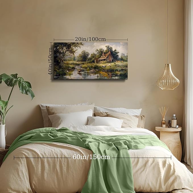 crmotu Large Canvas Wall Art, Farm Landscape Painting Art Prints, Forest Cottage Scenery Aesthetic Pictures, River Animal Cow Duck Modern Farmhouse Wall Decor Living Room Bedroom Kitchen 20"X40"