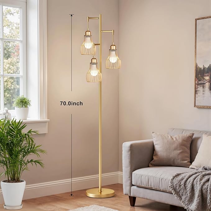 Dimmable Gold Floor Lamps for Living Room, Farmhouse Tree Standing Tall Lamp with Remote Control 3 Elegant Cage Shade LED Bulbs for Bedroom Office - Gold