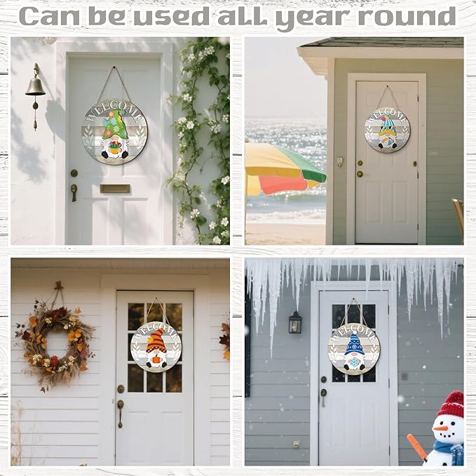 Qunclay Interchangeable Wooden Gnome Decor Holiday Seasonal Gnome Decorations with Magnet Pieces and Detachable Hats Changeable Welcome Sign for Home(Yellow and Grey)