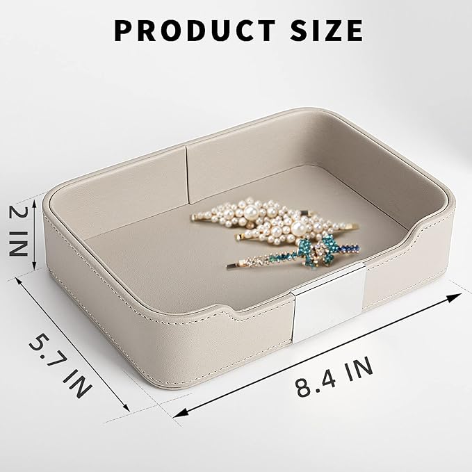 SANZIE Luxury Leather Tray Desktop Storage Catchall Organizer Decorative Tray for Entryway Table to Hold Jewelry Watch Keys Phone Wallet (Metal Silvered, Grey)
