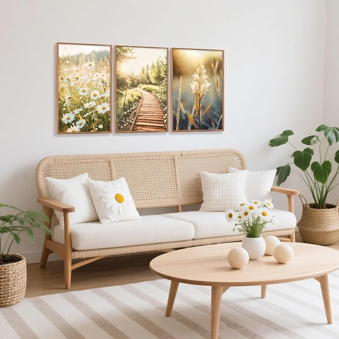CHDITB Vintage Daisy Field Path Framed Canvas Wall Art Set, Nature Landscape Wall Decor, Nordic Wildflowers Wall Painting, Daisies Floral Art Prints For Living Room Bedroom Office-Size 16"x24"x3