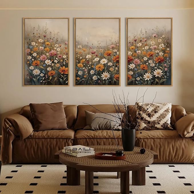 IARTTOP Large Vintage Wildflower Canvas Wall Art Framed 24x36x3 Misty Moody Botanical Art Prints Calming Nature Floral Landscape Wall Decor for Living Room Bedroom Office