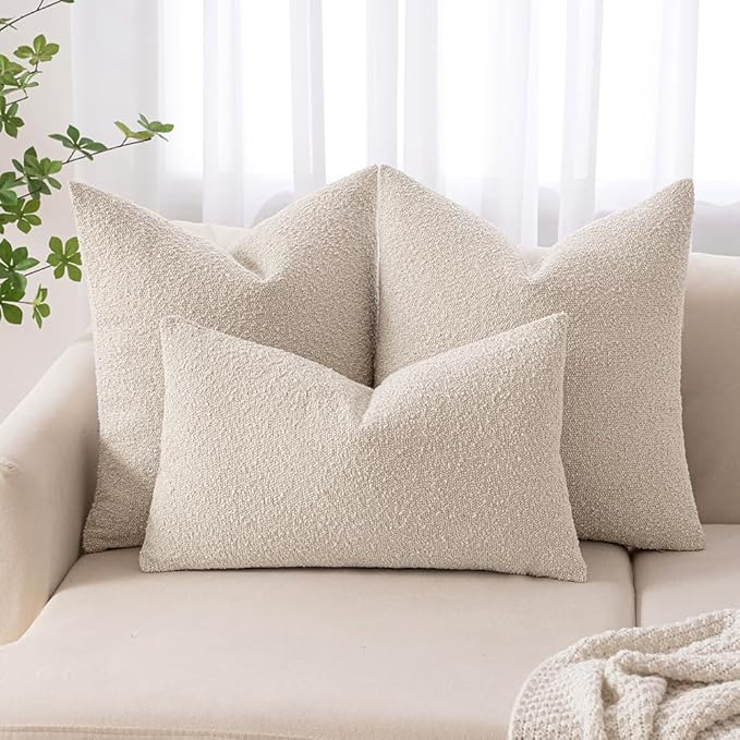 MIULEE 22x22 Inch Decorative Euro Sham Throw Pillows for Bed Set of 2 Textured Boucle Neutral Throw Pillow Covers Natural Beige Accent Solid Euro Couch Pillowcase Cozy Soft Sofa Livingroom Home Decor