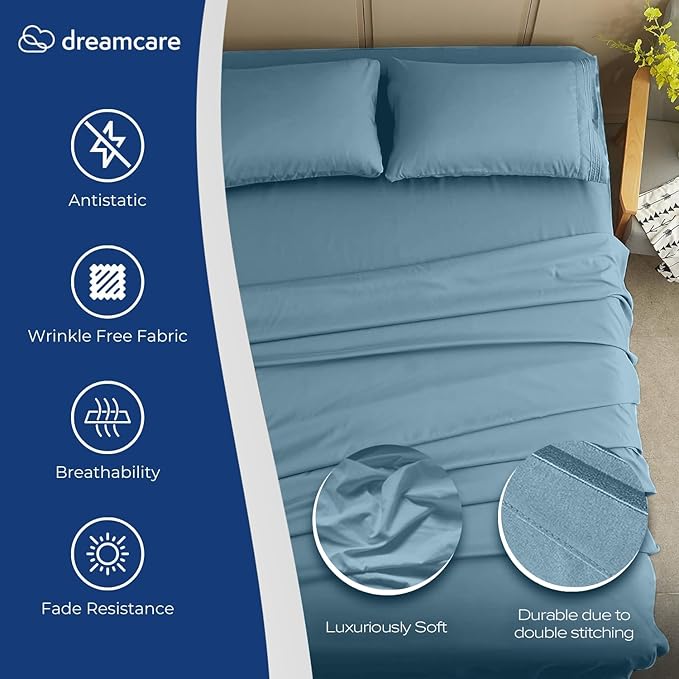 DREAMCARE Twin XL Sheets Set - 4 Pcs Cooling Bed Sheets with Up to 15" Deep Pockets - Soft, Long-Lasting 100% Brushed Polyester with Side Pocket (Mineral Blue)
