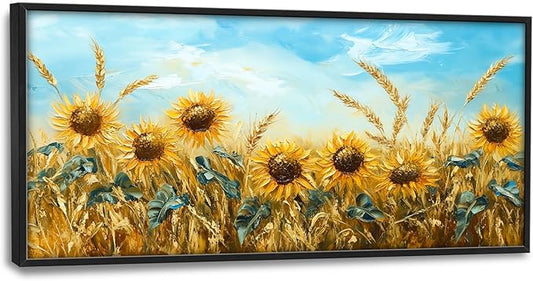 Olivine Large Wall Art, Sunflower Pictures Wall Decor, Sunflower Wheat Painting, Nature Landscape Canvas Prints, Framed Artwork for Living Room Bedroom Bathroom Office Home Decoration 60"x30"
