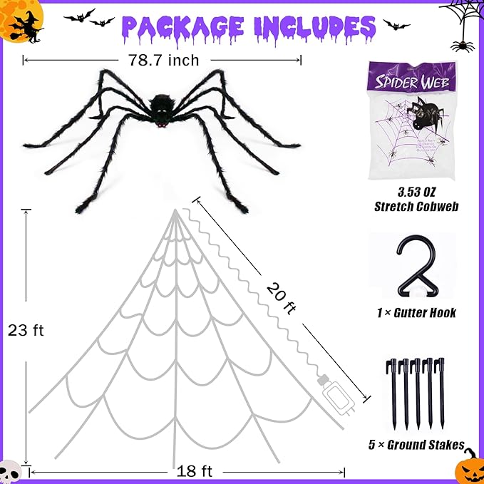 inst Spider Webs Halloween Decorations Outdoor 290LED Halloween Spider Web Lights Decoration with 78.7'' Large Spider & 3.53oz Stretch Cobweb 23Ft Giant Lighted Web with 8 Modes (Purple)