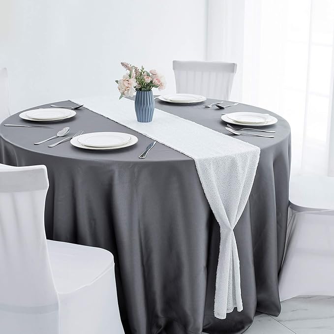 2 Packs 12 x 108 inches White Sequin Table Runner, Glitter White Table Runner for Wedding Birthday Bachelorette Holiday Party Supplies Decorations Bridal Shower Baby Shower