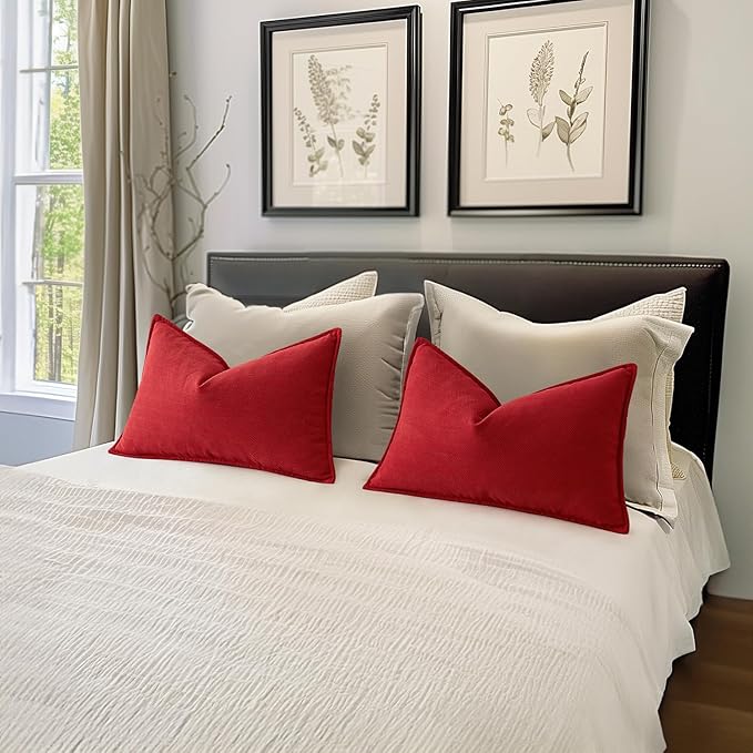 MIULEE Pack of 2 Red Decorative Lumbar Pillow Covers 12x20 Inch Soft Chenille Luxurious Couch Throw Pillows Farmhouse Cushion Covers with Elegant Design for Sofa Bedroom Living Room Home Decor