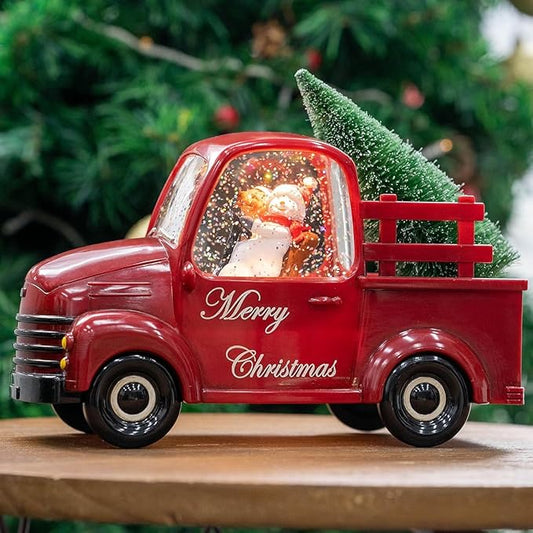 Christmas Snow Water Lantern Glittering Snowman and Pup in Red Truck with Christmas Tree, USB Lined/Battery Operated Lighted Spinning Lantern for Christmas Festival Decoration Gifts