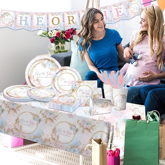 Boho Baby Shower Decorations - 142Pcs Gender Reveal Plates,Napkins,Tablecloth He or She What Will Baby Be Party Tableware for Boy or Girl Gender Reveal,Neutral Baby Shower Party Supplies