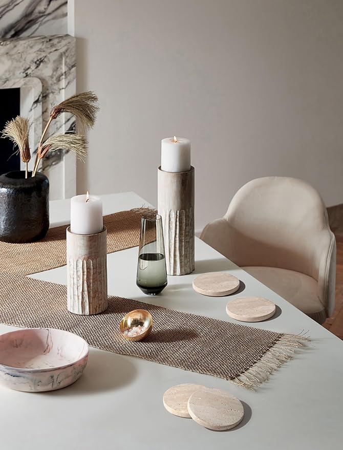 Beige Travertine Coasters Set of 4,Marble Absorbent Coasters 4 '',Ideal for Housewarming Gifts, Anniversaries, Office Decorations - Protects countertops - Sturdy and Durable, Beautiful and Generous