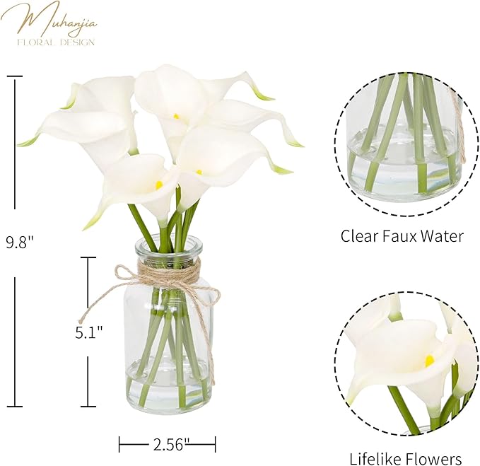 Artificial Flowers Calla Lily in Glass Vase with Faux Water,7Pcs Artificial Flower Real Touch Latex Flowers for Centerpiece Table Decorations Counter Decor(White Calla Lily)