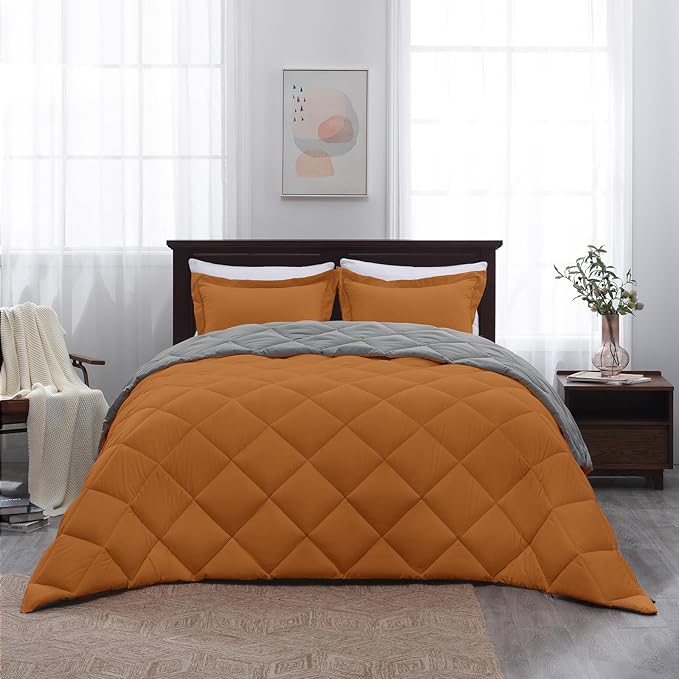 Beyond Basic Twin Comforter Set - Reversible for All Seasons, Burnt Orange/Charcoal Gray, 1 Twin Comforter (66"x92") and 1 Pillow Sham (20"x26"+2")