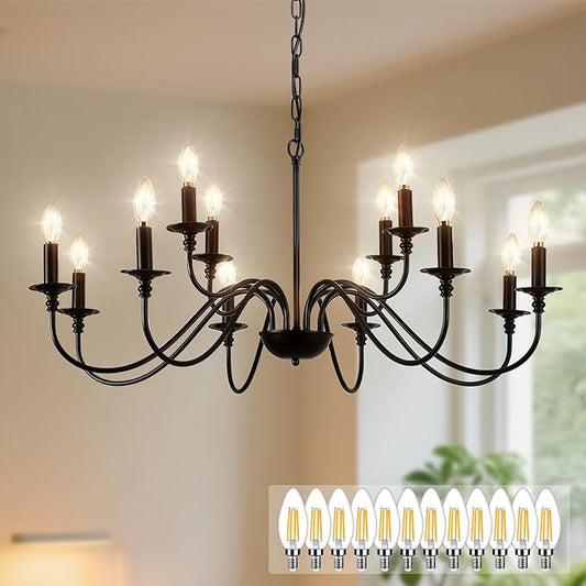 Depuley Farmhouse Chandelier Light Fixture: 12-Light Black Modern Chandelier for Dining Room Lighting - Industrial Hanging Pendant Lights Kitchen Island - Vintage Candle Chandeliers for Foyer
