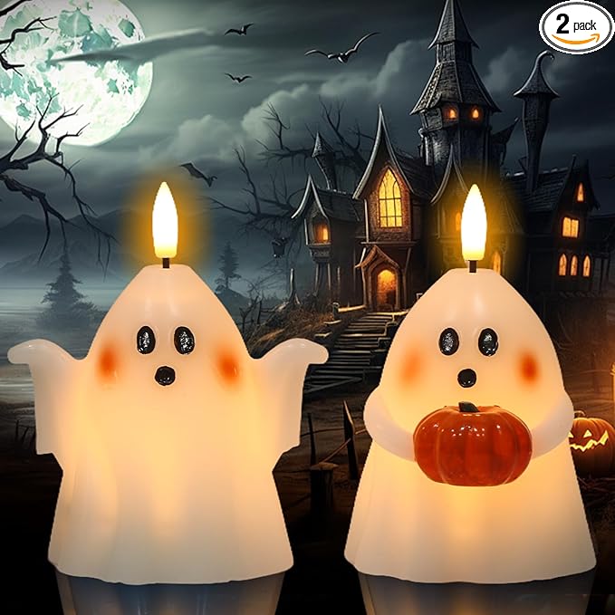 Eldnacele Halloween Ghost Flickering Flameless Candles with 6 Hour Timer, Battery Operated Tea Lights White Spooky Ghost Lights Wax Candles Indoor Fireplace Holiday Decorations Gifts(2Pcs, D3.5×H5)