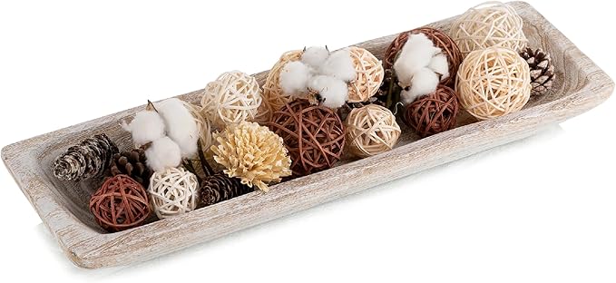 Wooden Dough Bowl Decor, Key Decorative Centerpiece Bowl, Hand Carved Baguette Bowl, Home Decor for Dining Table Center, Living Room, Kitchen (L20*W6.7*H2 inches) Rectangle-White