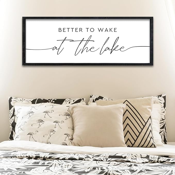 Surfapans Better To Wake At The Lake Bed Sign Wall Art Decor 32"×12" for Lake House Bedroom Above Over Bed Large Wood Framed Wall Hanging (Black)