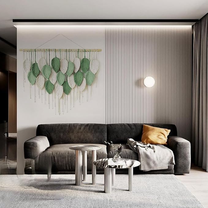 VEKALON Macrame Wall Art Tapestry - Large Boho Chic Woven Wall Hanging Decor for Bedroom, Modern Bohemian Leaf-Shaped Decorations for Office, Living Room, Bathroom(Sage Green)