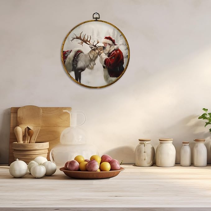 CUANFDDSF Christmas Santa Reindeer Round Wall Art Decor, Rustic Winter Reindeer Santa Claus Holiday Wall Hanging Frame Decor, Winter Christmas Canvas Prints Decorations for Home Bedroom, 10x10 Inch