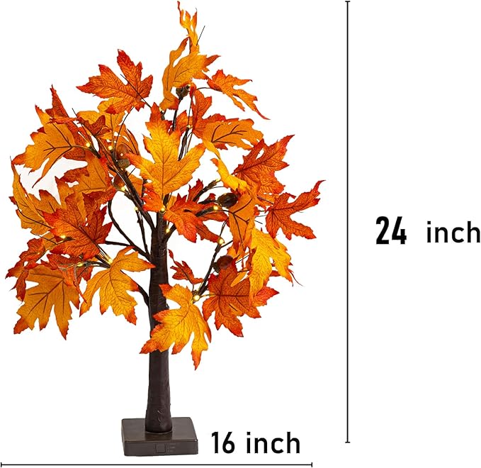 Dazzle Bright 2 Pack 24 Inch Lighted Thanksgiving Fall Maple Tree Decor, 24 LED Battery Operated Decorations Artificial Tree with Timer for Indoor Home Room Holiday Xmas Party