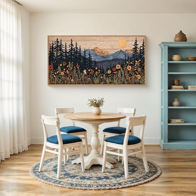 HOURIA Natural Mountain Floral Framed Canvas Wall Art,Modern Sunrise Forest Wall Decor,Boho Wildflower Woodland Landscape Artwork,Wilderness Pine Tree Field Art Print for Living Room,Office-20 x40 x1